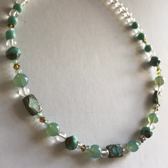 Vintage Handmade Teal Amazonite Rock Crystal Beads Swarovski Sterling Necklace - Picture 6 of 8